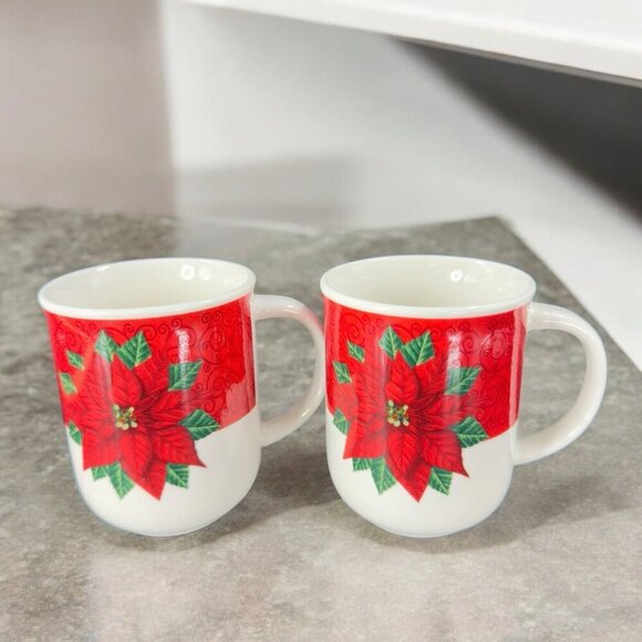 Oneida China Red Poinsettia Design Ceramic Coffee Mug Cup Set 2 Porcelain Mugs - Picture 1 of 16